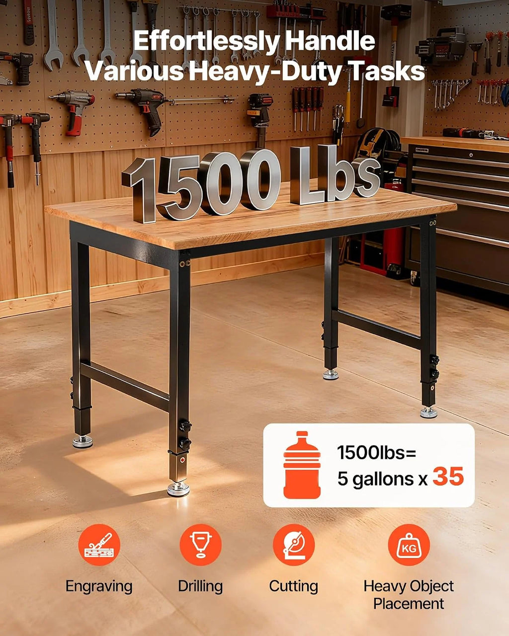 VEVOR Regulowany stół warsztatowy, nośność 680 kg, stół warsztatowy z drewna dębowego 122 x 61 cm, z regulacją wysokości 66-102 cm, drewniany stół roboczy