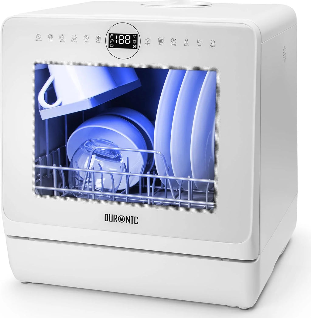 Duronic DW5 WE Zmywarka nablatowa z lub bez przyłącza wody 950W przenośna kompaktowa 5l /cykl do naczyń szkła owoców mała zmywarka stołowa biała