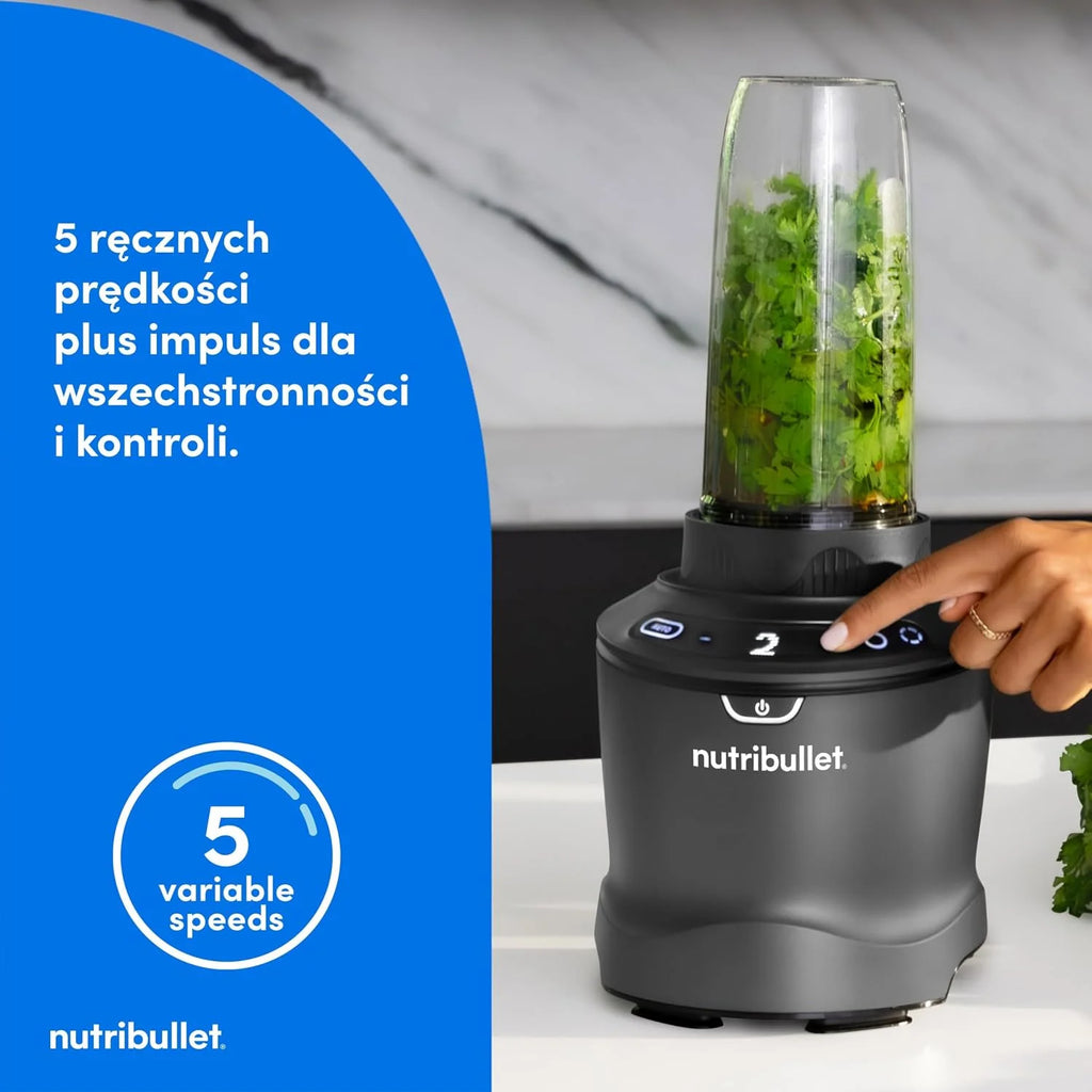 Nutribullet SmartSense Blender Combo NBF550DG z 5 zmiennymi prędkościami, funkcją pulsu, kubek 946 ml i 710 ml z uchwytem, inteligentny cykl automatyczny, pokrywa To-Go, 1500 W, czarny