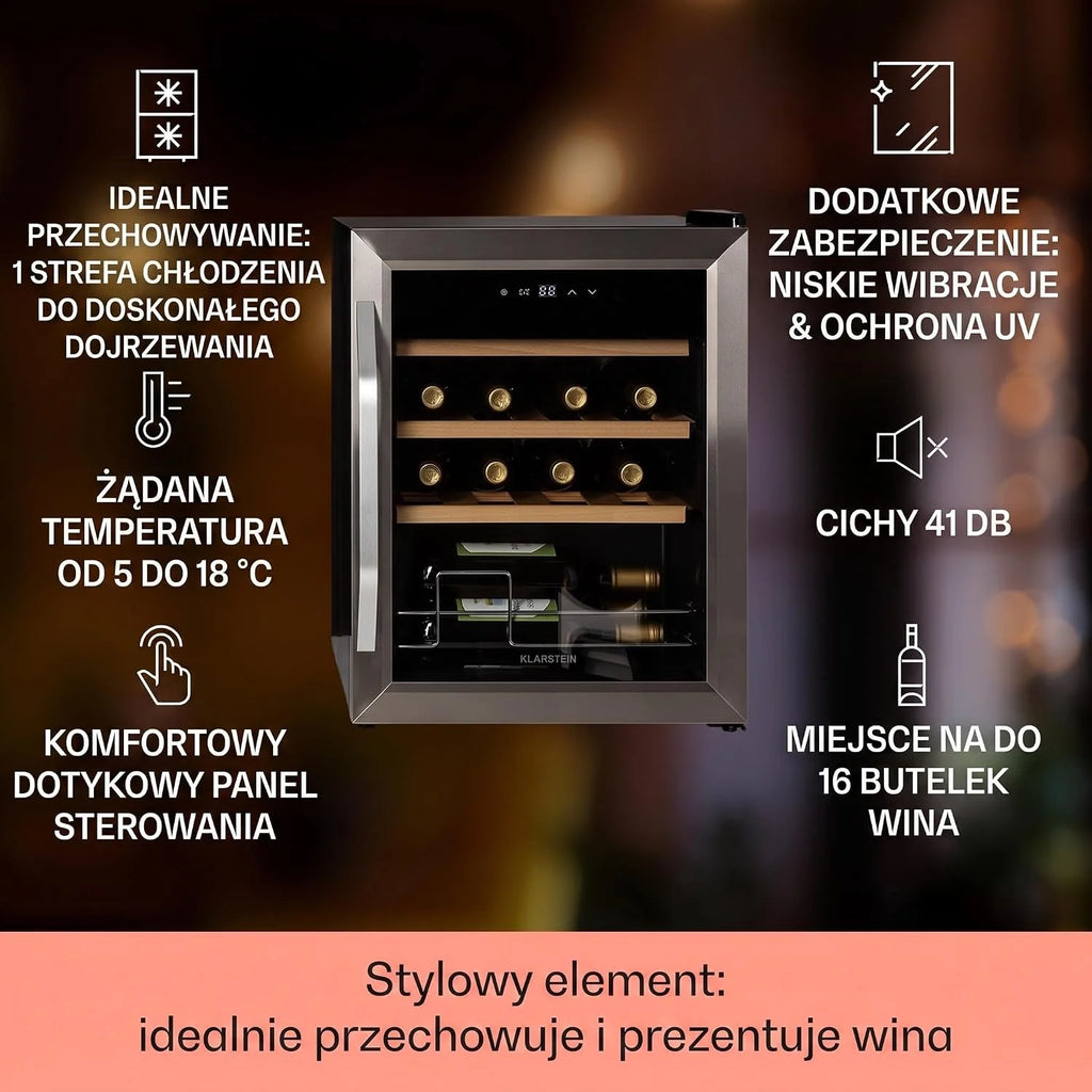 Klarstein Chłodziarka do wina, Wąska lodówka na napoje, lodówka ze szklanymi drzwiami, Wolnostojące chłodziarki, Mała chłodziarka do wina, 1 strefa, Ochrona UV, 5-18 °C, 16 butelek
