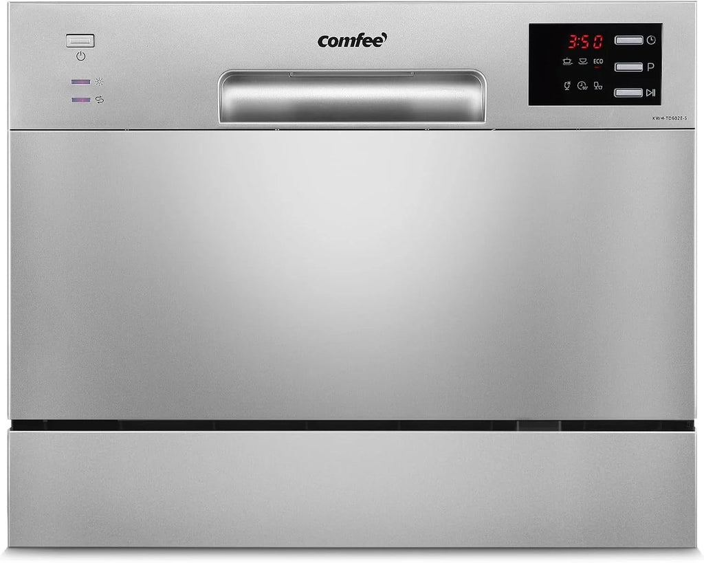 COMFEE' Kompaktowa zmywarka stołowa TD602E-S mini zmywarka z 6 pokrywkami, 6 programami, wyświetlaczem LED, opóźnionym startem i funkcją mycia w godzinach poza końcówką - srebrna