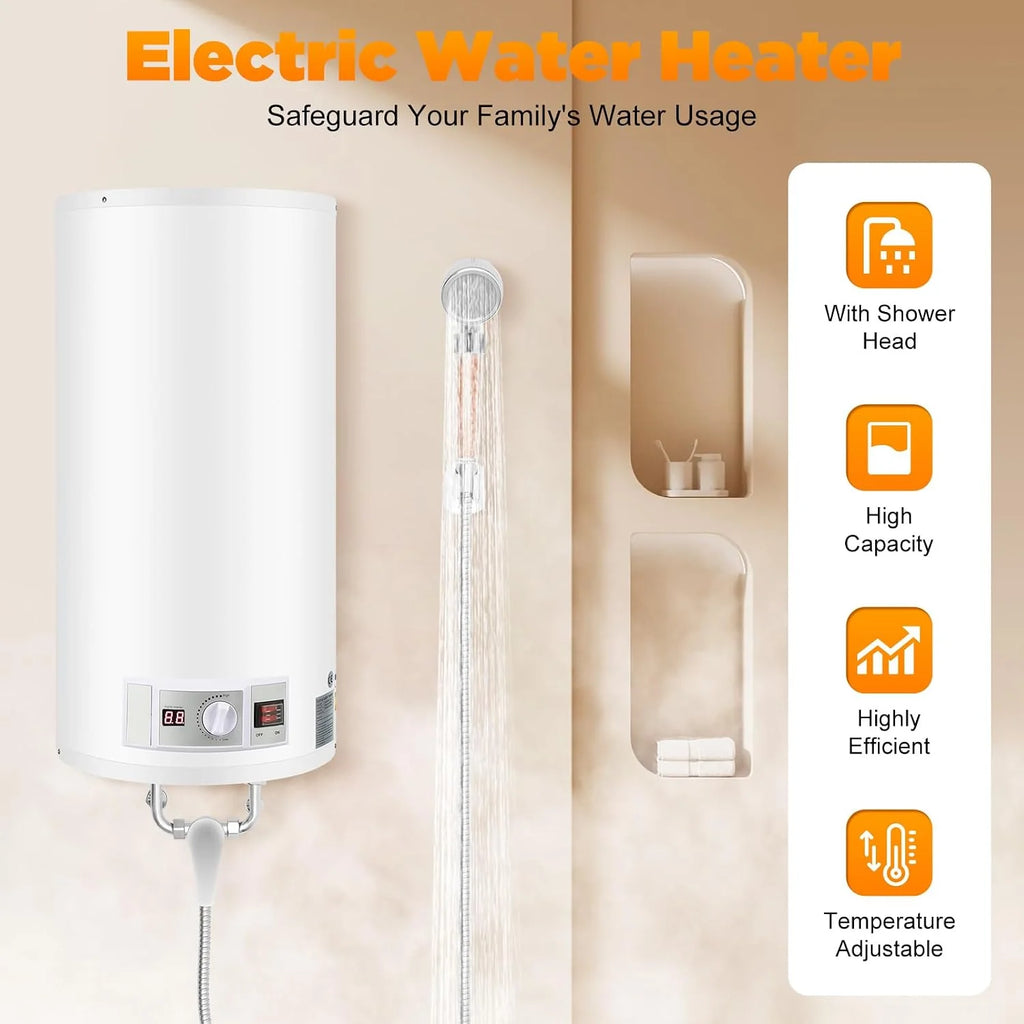 Elektryczny zbiornik ciepłej wody 2000 W, inteligentny bojler, montaż ścienny, bojler ciepłej wody 80 l, w zestawie zawór bezpieczeństwa, głowica prysznicowa i wąż, IPX4, temperatura ogrzewania 25-75℃