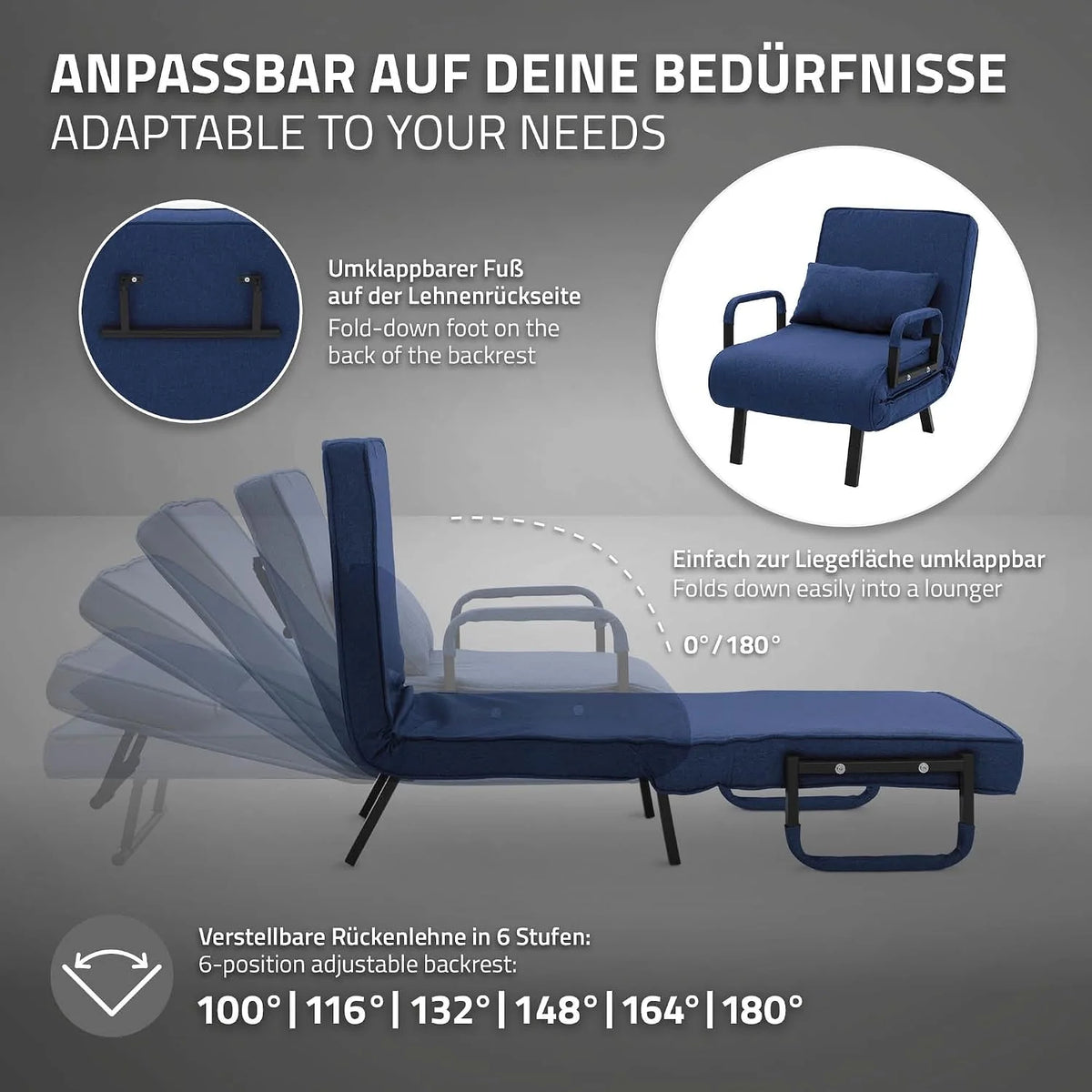 ML-Design Fotel Rozkladany 3 w 1 z Funkcja Spania, Skladany z Regulowanym Oparciem, Rozkladana Sofa dla Gosci, Lózko Jednoosobowe, Stelaz Stalowy, Miekka Tkanina Chenille, Wygodny do Salonu, Niebieski