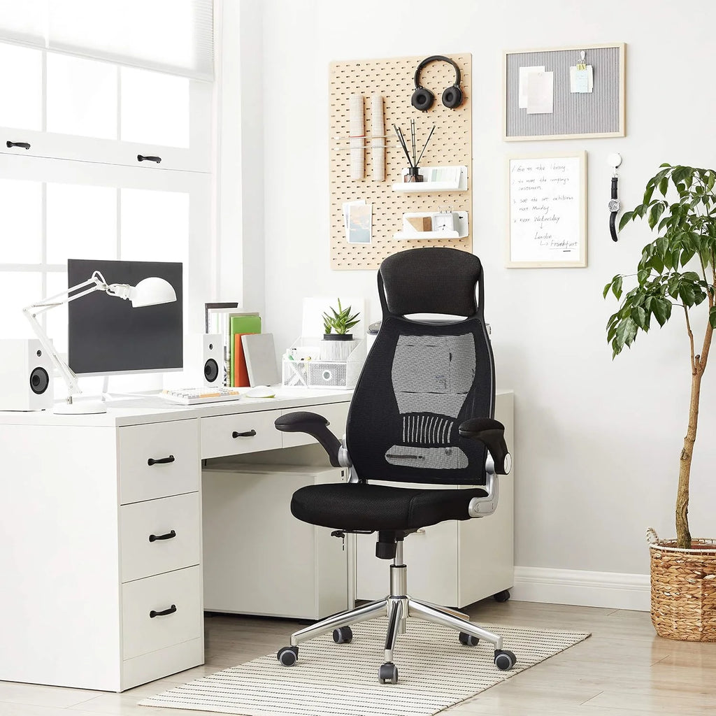 SONGMICS fotel biurowy, ergonomiczny z siatki, odchylane podłokietniki
