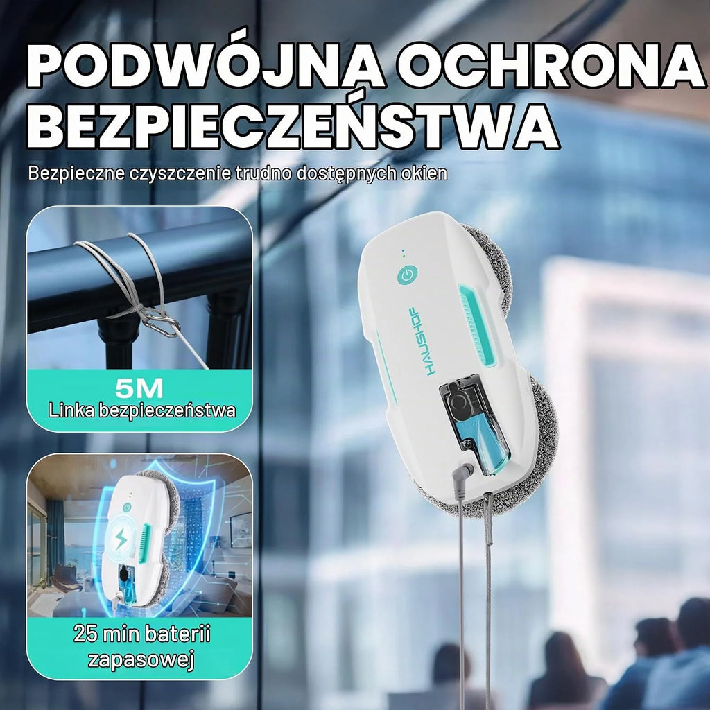 HAUSHOF Robot do mycia okien z funkcją spryskiwania, 3800 PA, elektryczna myjka do okien, inteligentna nawigacja, pilot zdalnego sterowania, z myjką do szyb i chusteczkami, podwójna ochrona, do okien