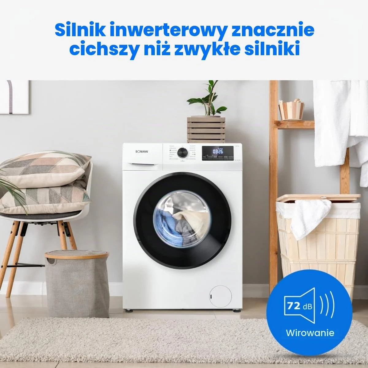 Bomann® Pralka 8 kg, maks. 1400 obr./min, wytrzymały, cichy i trwały silnik inwertorowy, 15 programów prania, wyświetlacz LED, pralka z funkcją pary, WA 7185