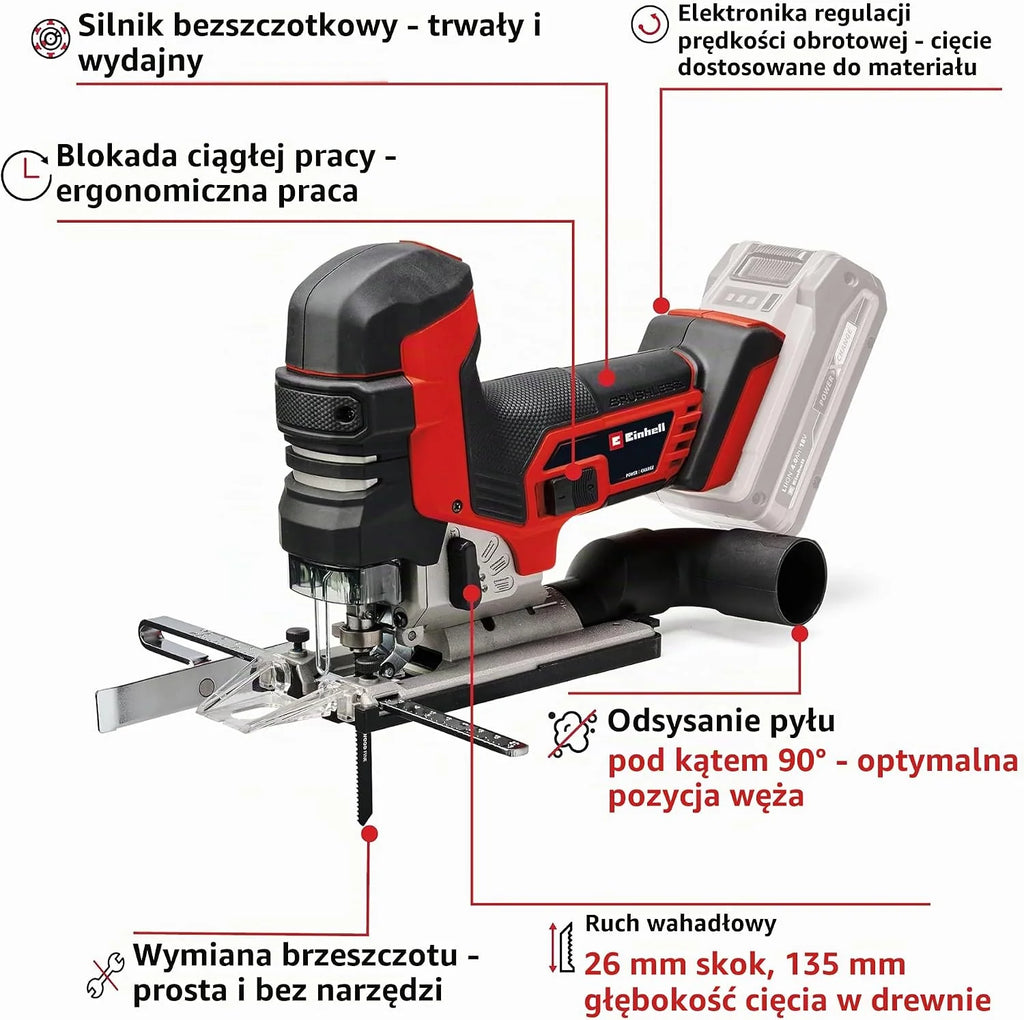 Einhell Power X-Change akumulatorowa wyrzynarka – silnik bezszczotkowy 18 V, głębokość cięcia 135 mm, długość skoku 26 mm, profesjonalna elektryczna piła wyrzynarkowa TP-JST 18/135 Li z 3 ostrzami