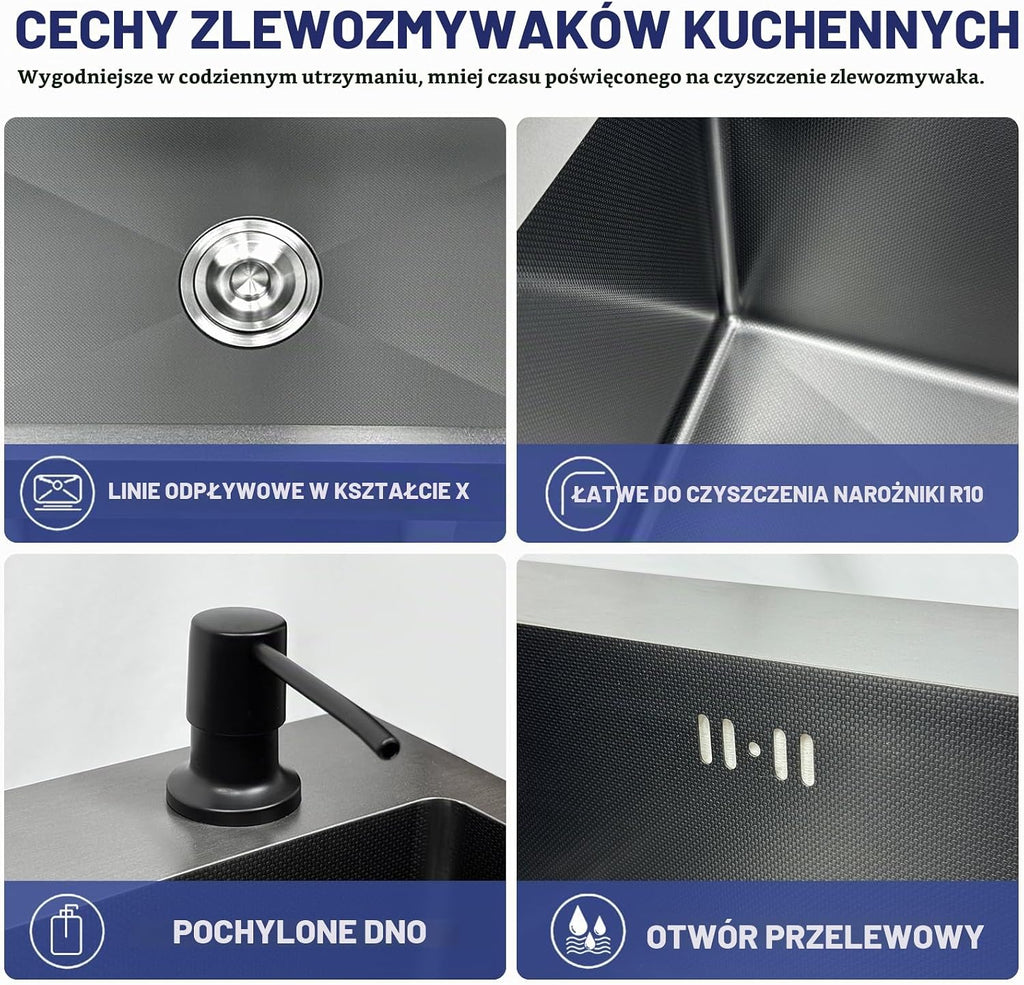 Zlewozmywak kuchenny 85 x 50 cm, stal nierdzewna, czarny, antracyt, 1 umywalka do zabudowy z zestawem armatury, zlewozmywak kuchenny z otworem na kran, ociekacz, zmywarka do szklanek, dozownik mydła