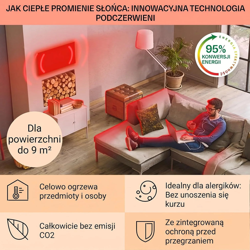 Klarstein Wonderwall - grzejnik ścienny, ogrzewanie na podczerwień, timer tygodniowy, funkcja automatycznego wyłączania, odpowiedni dla alergików, IP24, 50 x 90 cm, biały