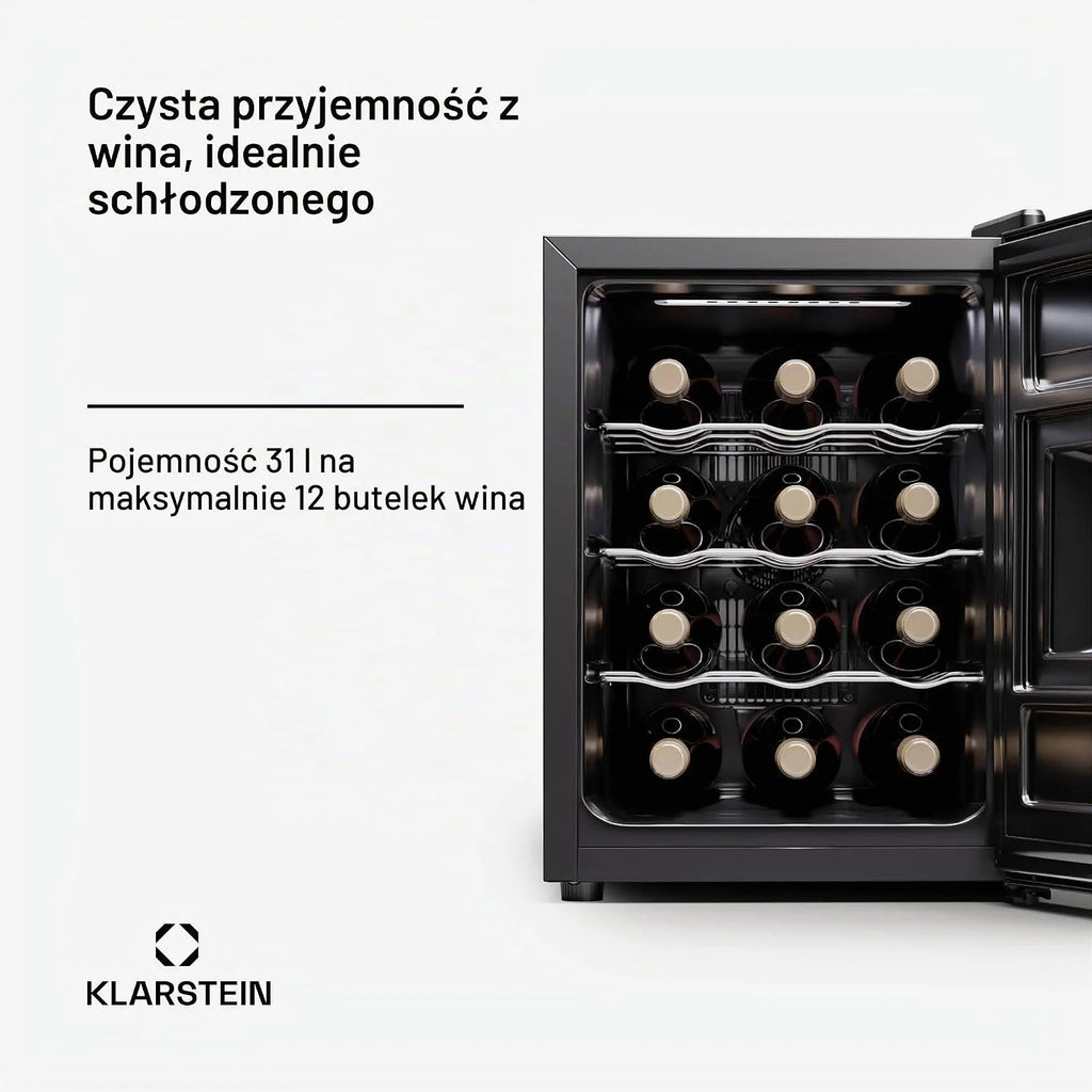 Klarstein Wolnostojąca lodówka na wino 1 strefa, mała lodówka na napoje, mała szafka na wino, mała chłodziarka do wina ze szklanymi drzwiami, lodówka na butelki do użytku wewnętrznego/zewnętrznego