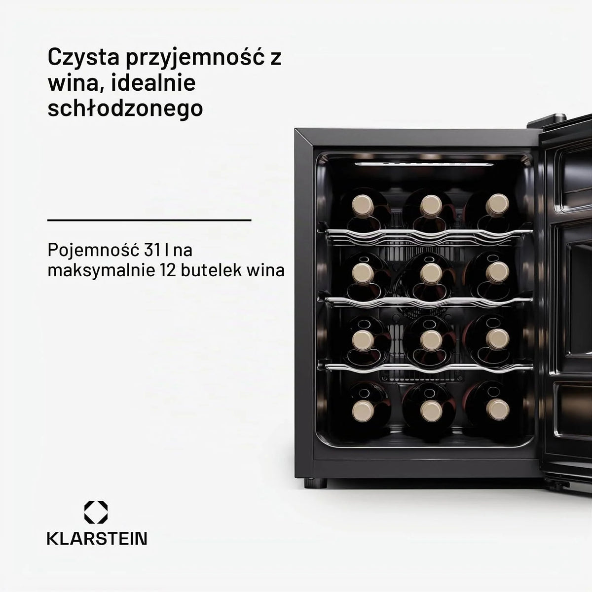 Klarstein Wolnostojąca lodówka na wino 1 strefa, mała lodówka na napoje, mała szafka na wino, mała chłodziarka do wina ze szklanymi drzwiami, lodówka na butelki do użytku wewnętrznego/zewnętrznego