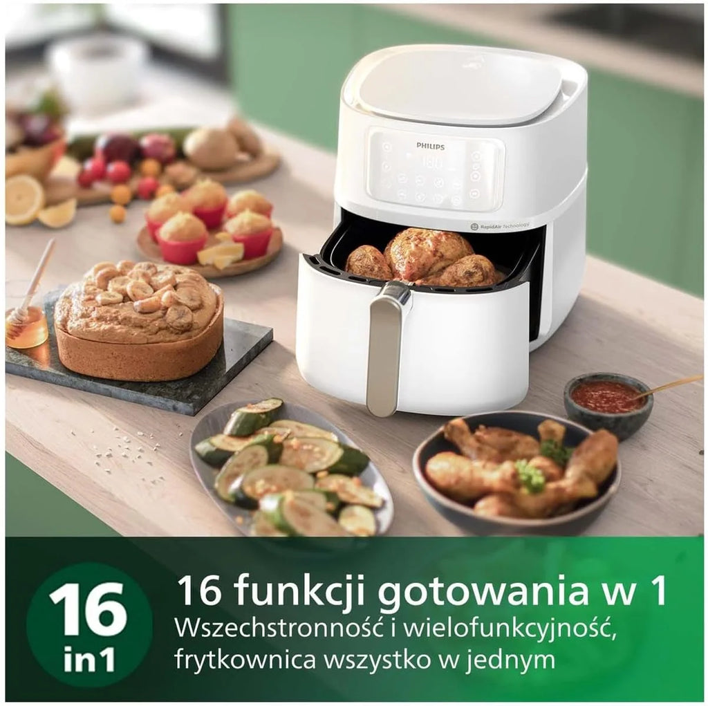 Philips Frytkownica beztłuszczowa Ovi XXL z serii 5000, 7,2 l (1,4 kg) - 6 porcji, 16 w 1, połączenie Wi-Fi, 90% mniej tłuszczu dzięki technologii Rapid Air, aplikacja HomeID. Biała (HD9285/00)