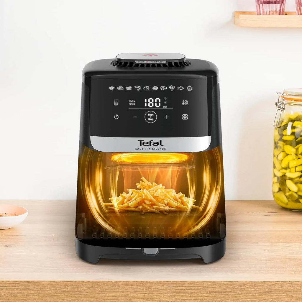 TEFAL EY5528 Frytkownica beztłuszczowa Easy Fry Silence cicha praca, 1670W, 10 programów, pojemność 5l, 99% mniej tłuszczu, Extra Crisp, odpinany uchwyt misy, łatwe czyszczenie, 40-220°C, czarna