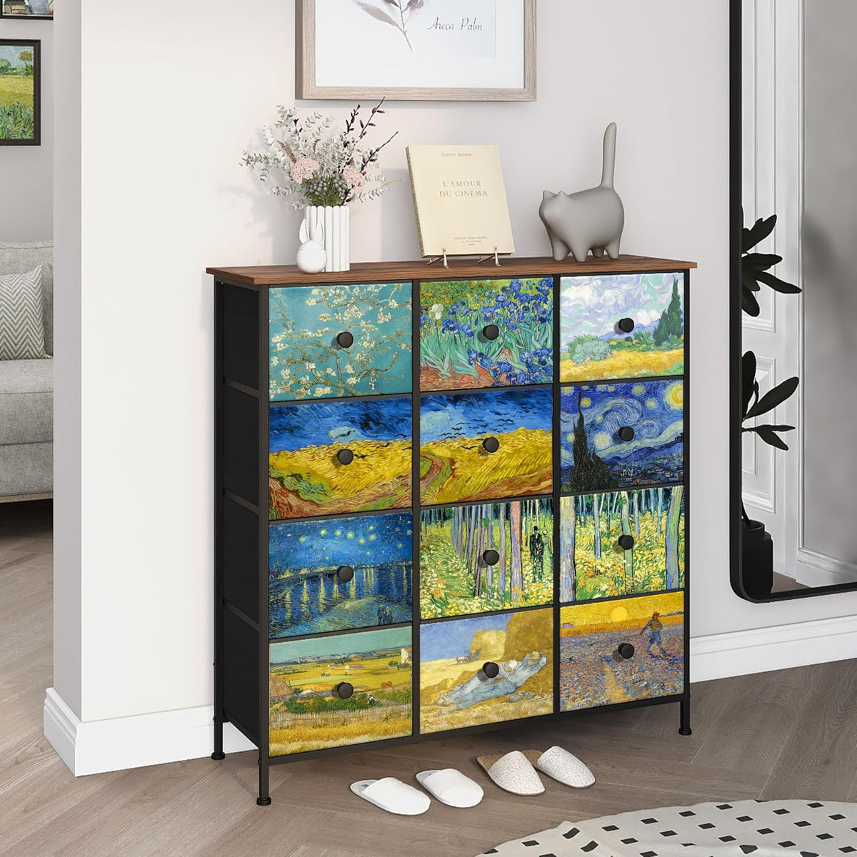 VEDECASA - Wąska, wysoka komoda z 12 szufladami, motyw Van Gogh, do pokoju dziecięcego, salonu, korytarza, sypialni, biura, struktura metalowa i panel drewniany