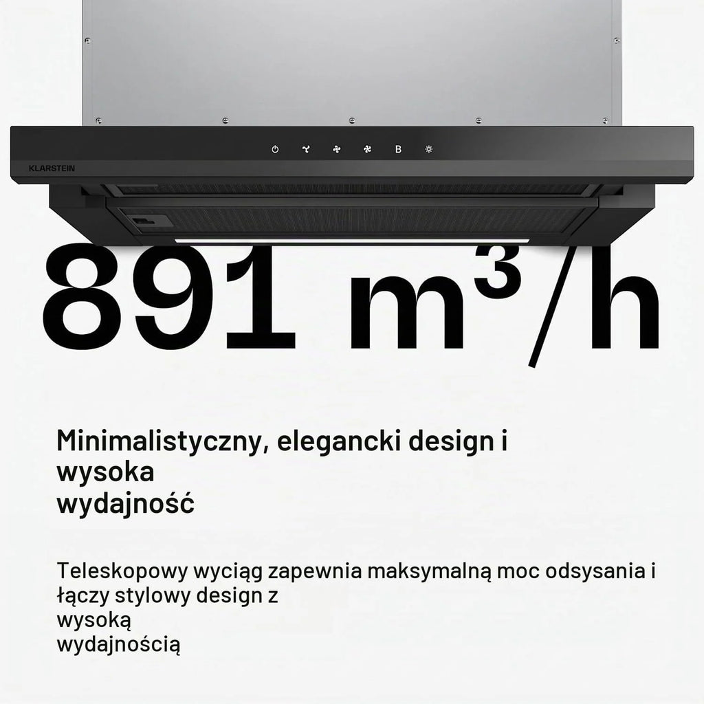 Klarstein Okap kuchenny, Velaire 60cm, podblatowy, rozkładany, 896 m³/h boost, dotykowy, klasa energetyczna A++, LED, cichy, aluminiowy i z filtrem z węglem aktywnym, blatowy kuchnia, czarny