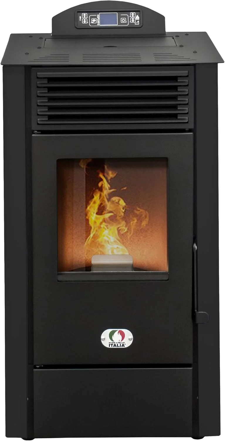 STUFE A PELLET ITALIA California 10 kW, wydajność, 90% ciepła 80 m², czas pracy 20 h, programowalny 5 prędkości i mocy, kompaktowa konstrukcja, 24 miesiące czarny