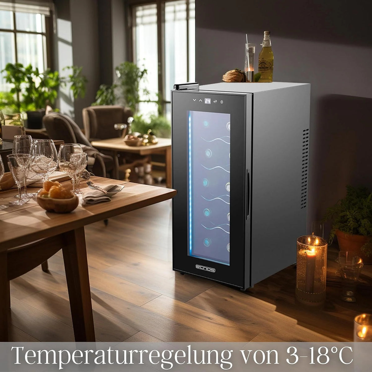 Echos Lodówka na wino, na 10 butelek, 28 l, oświetlenie LED, chłodziarka do wina, mini lodówka na wino, mini bar ze szklanymi drzwiczkami