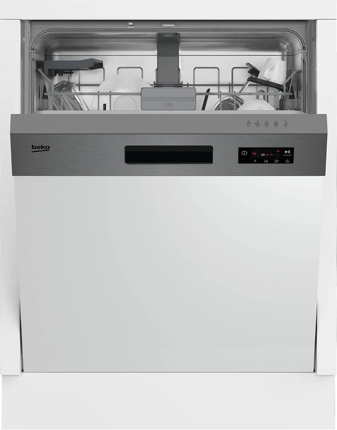 Beko BDSN15430X b300 zmywarka do zabudowy częściowo zintegrowana 60 cm, na 14 nakryć wymiarowych, 3 poziomy zmywania, 4 temperatury, 5 programów, połowa załadunku, automatyczne otwieranie drzwi,