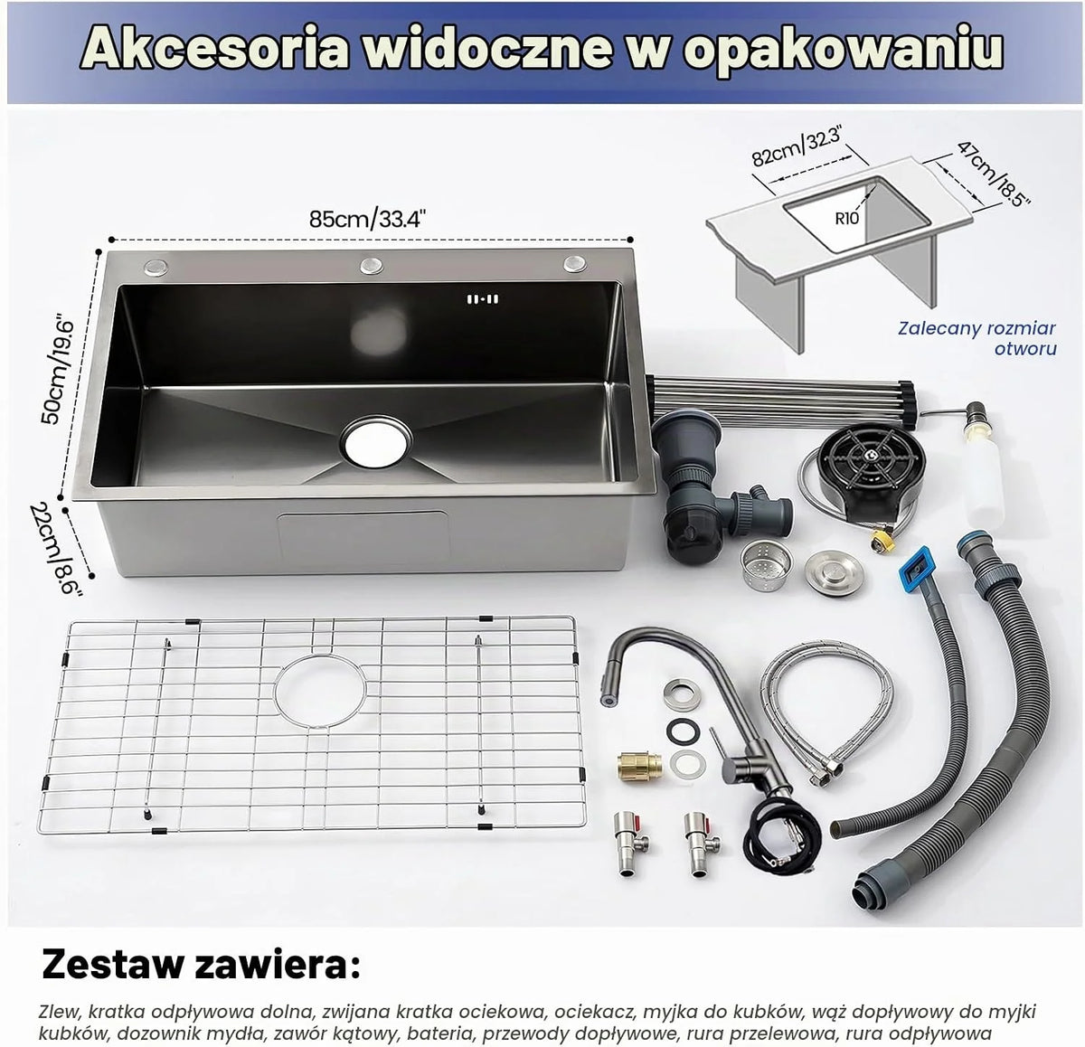 Zlewozmywak kuchenny 85 x 50 cm, stal nierdzewna, czarny, antracyt, 1 umywalka do zabudowy z zestawem armatury, zlewozmywak kuchenny z otworem na kran, ociekacz, zmywarka do szklanek, dozownik mydła