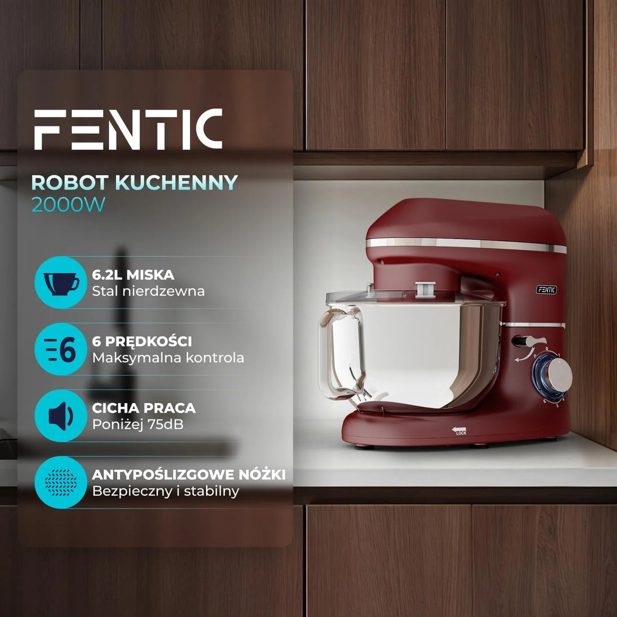 Robot kuchenny - 2000 W - miska do mieszania ze stali nierdzewnej (6,2 l) - mikser kuchenny z mieszania, hakiem do zagniatania, trzepaczką i ochroną przed pryskaniem - w zestawie