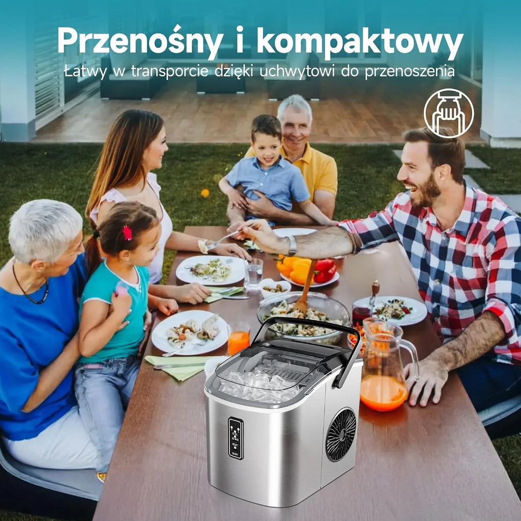 EUHOMY Mała kostkarka do lodu EUHOMY, 9 kostek w 6 minut, 12 kg/dzień, samoczyszcząca, przenośna kostkarka do lodu z uchwytem, koszykiem i łyżką, 2 rozmiary kostek lodu do domu, kuchni i biura