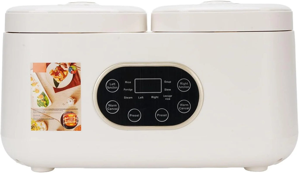 Cocoarm Podwójna Wolnowarowa Kuchenka do Gotowania Ryżu z 2 Wyjmowanymi Garnkami Ceramicznymi 2 L i L Wysuwanymi Pokrywkami Timer Utrzymujący Ciepło Wielofunkcyjny Serwer w Formie Bufetu na