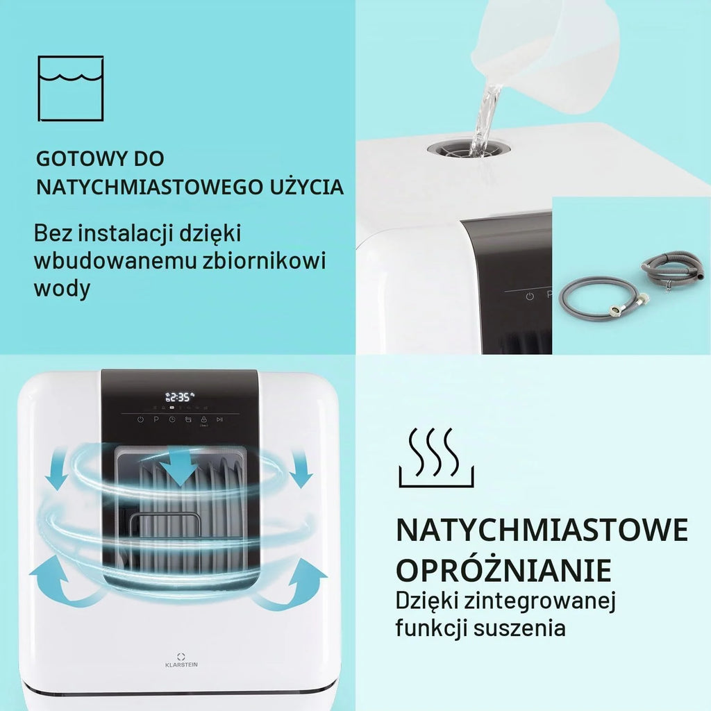Klarstein Mini zmywarka na 3 komplety, Cicha zmywarka do zabudowy Mała z 7 programami, Mała stołowa do domu, biura i na kemping, Mini z podłączeniem do wody