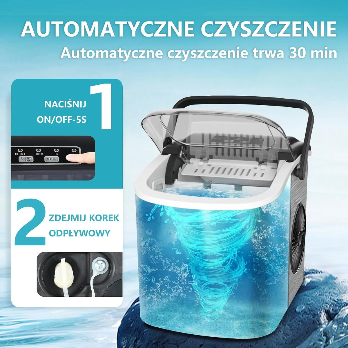 EUHOMY Kostkarka do lodu, 9 Kostek w 6 Minut, 12 kg/24 h, Maszyna do Kostek Lodu ze Stali Nierdzewnej z Przenośną Rękojeścią, Samoczyszczące Kompaktowe Maszyny do Lodu do Domu/Kuchni/Biura/Baru