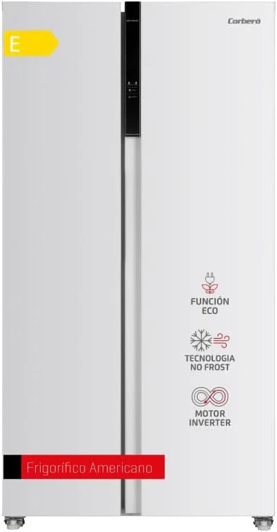 Corberó - Amerykańska lodówka | CFSBSH634NFW | 442L | 186 cm | No Frost | Inwerter | Wyświetlacz | Światło LED | 2 szuflady | Funkcja ECO | Półki szklane | Srebrny wykończenia | biały