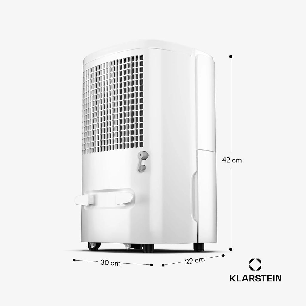 Osuszacz powietrza Klarstein DryFy 10L - 240 W, 10 l/dzień, zbiornik 1,8 l, cichy 42 dB, automatyczne osuszanie, timer, do domu, sypialni, łazienki, biały
