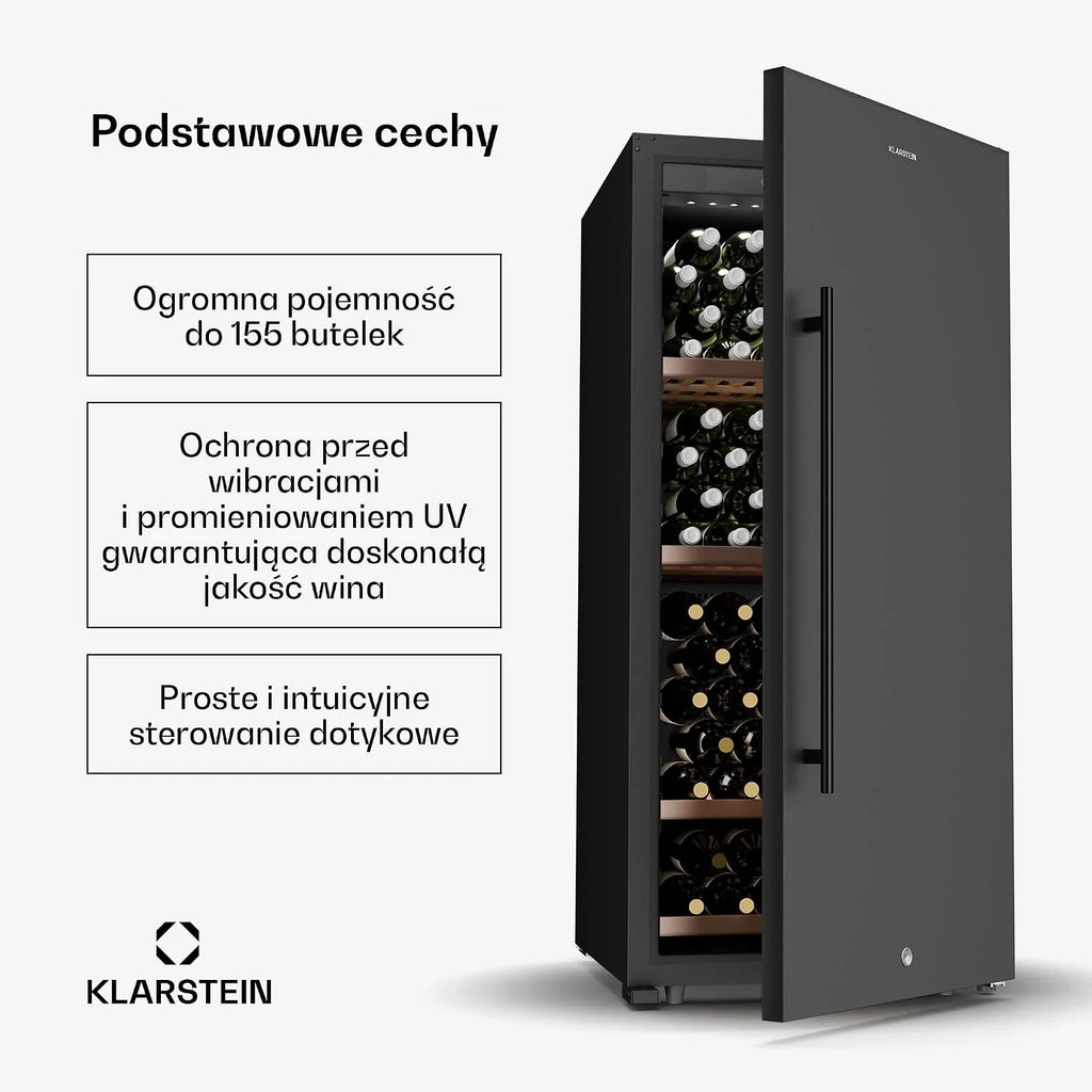 Klarstein CellarMax Lodówka do wina Wolnostojąca - 155 butelek, 5-20 °C, Dotykowe sterowanie, Metalowe drzwi, Drewniane półki, Alarm, Klasa energetyczna E, Duża lodówka do wina