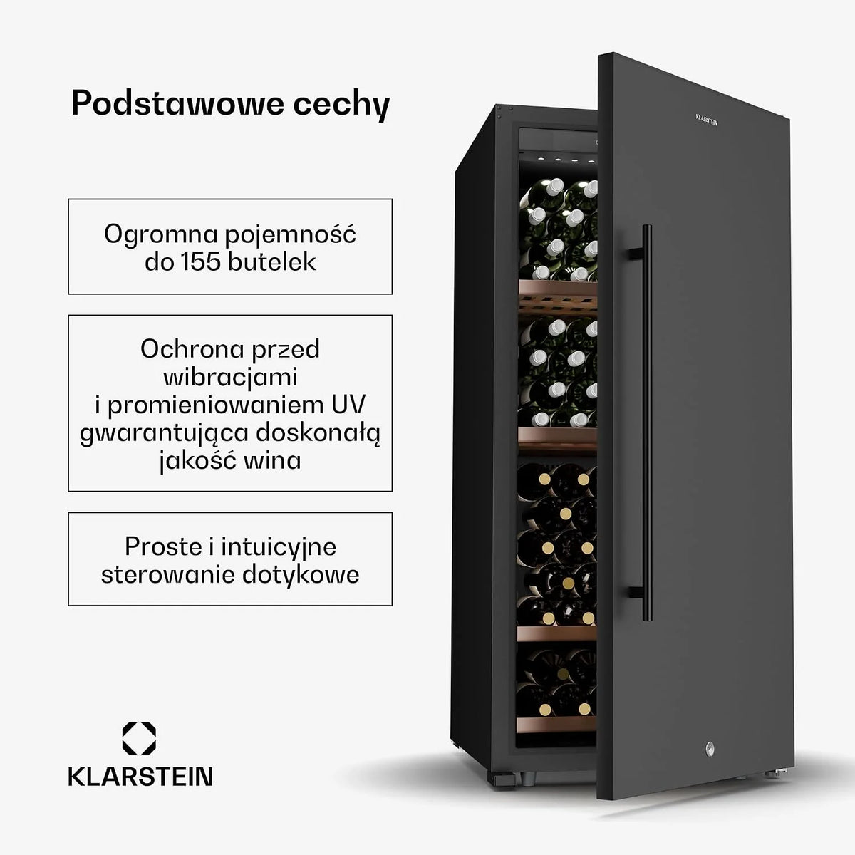 Klarstein CellarMax Lodówka do wina Wolnostojąca - 155 butelek, 5-20 °C, Dotykowe sterowanie, Metalowe drzwi, Drewniane półki, Alarm, Klasa energetyczna E, Duża lodówka do wina