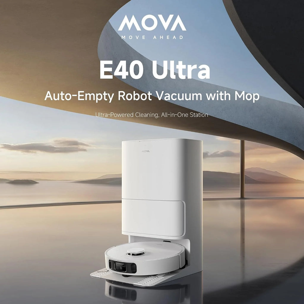 Mova E40 Ultra robot odkurzający z funkcją wycierania, automatyczne opróżnianie i 19 000 Pa, mop MaxiReach T, szczotka boczna bez plątania, dopływ. 80 ml wody, wielofunkcyjna stacja do 75 dni