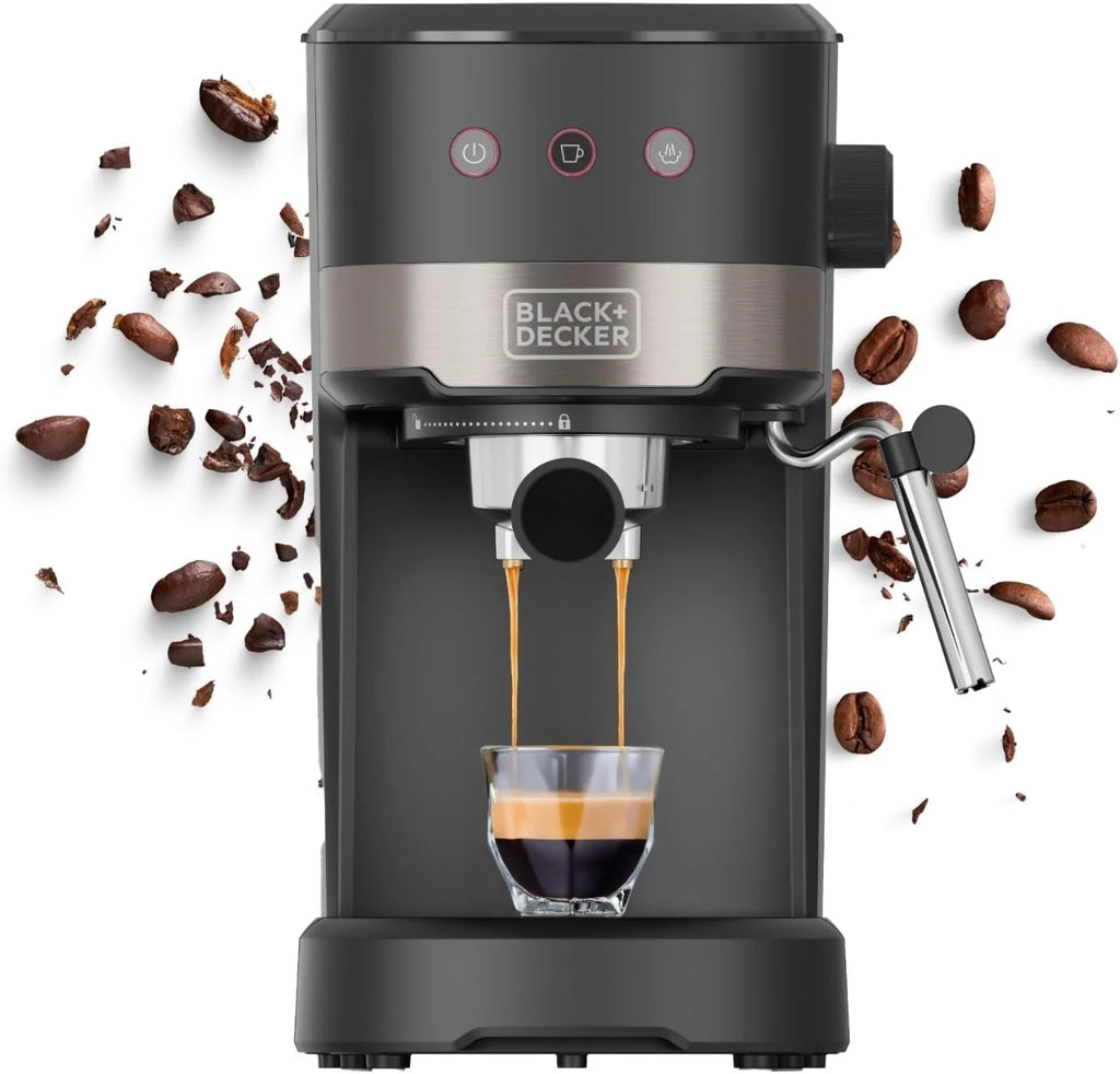 Black+Decker - Kompaktowy ekspres do kawy 1100 W | 20 barów ciśnieniowych | 3 funkcje | zintegrowana dysza parowa | wyjmowany zbiornik 1,4 l | Do kawy mielonej i kapsułek | Nowoczesny design