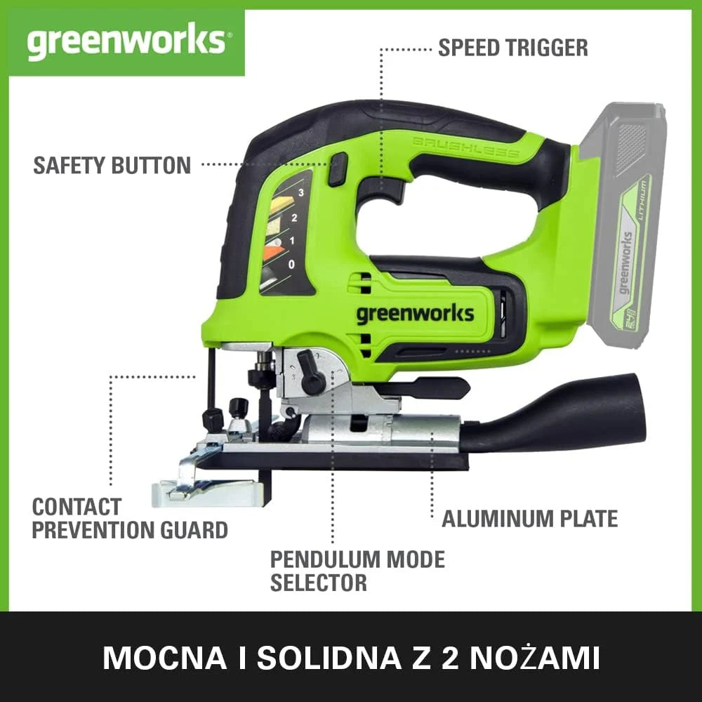 Greenworks GD24JSK2 Wyrzynarka Akumulatorowa z 2 Ostrzami, 3000 obr./min, Regulowana Podstawa do 45°, Przystawka Próżniowa PLUS 24V 2 Ah Bateria i Ładowarka