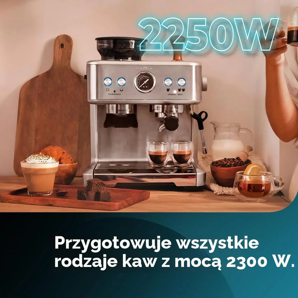 Cecotec Ekspres do kawy Express 20 barów Power Espresso 20 Barista, 2250 W, manometr, 2 Thermoblocks, regulowany parowiec, pojemnik na kawę ziarnistą i młynek z 20 poziomami