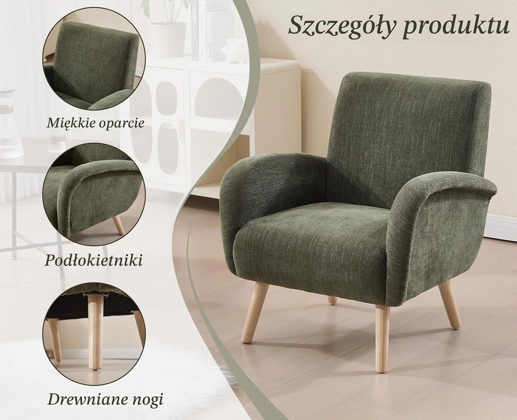 chairus Chenille fotel wypoczynkowy, fotel z uszami do salonu, tapicerowany, pojedyncza sofa do sypialni, fotel akcentujący, fotel relaksacyjny z drewnianymi nogami (zielony)