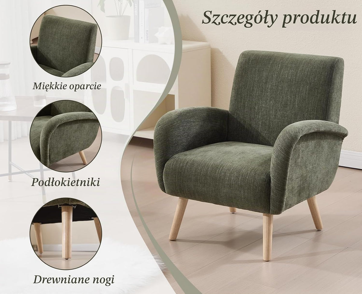 chairus Chenille fotel wypoczynkowy, fotel z uszami do salonu, tapicerowany, pojedyncza sofa do sypialni, fotel akcentujący, fotel relaksacyjny z drewnianymi nogami (zielony)