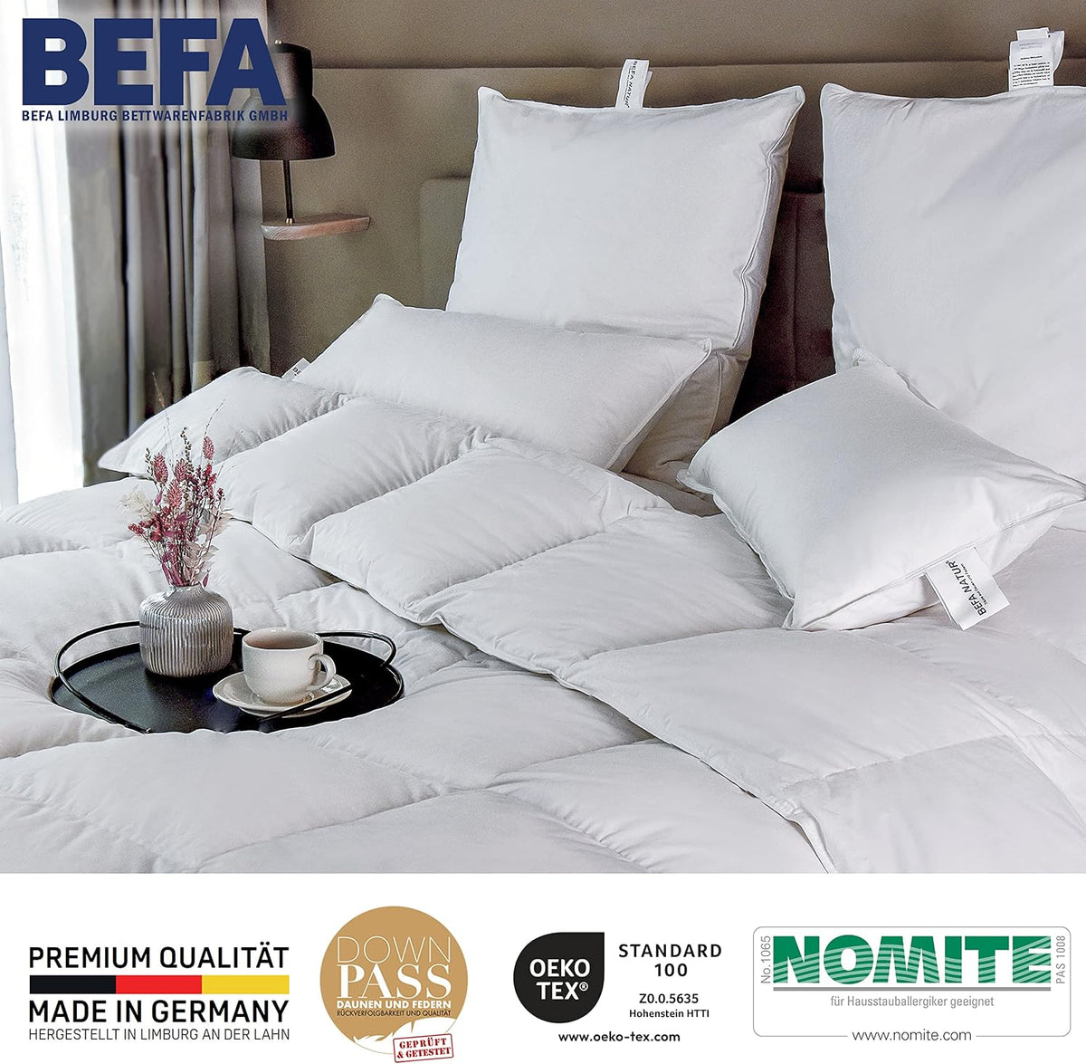 Made in Germany BEFA naturalna kołdra 135 x 200 cm, wykonana z 90% puchu i 10% pierza, kołdra zimowa, nadaje się dla alergików (nomite), certyfikat Öko-Tex 100 klasa 1, certyfikat Downpass