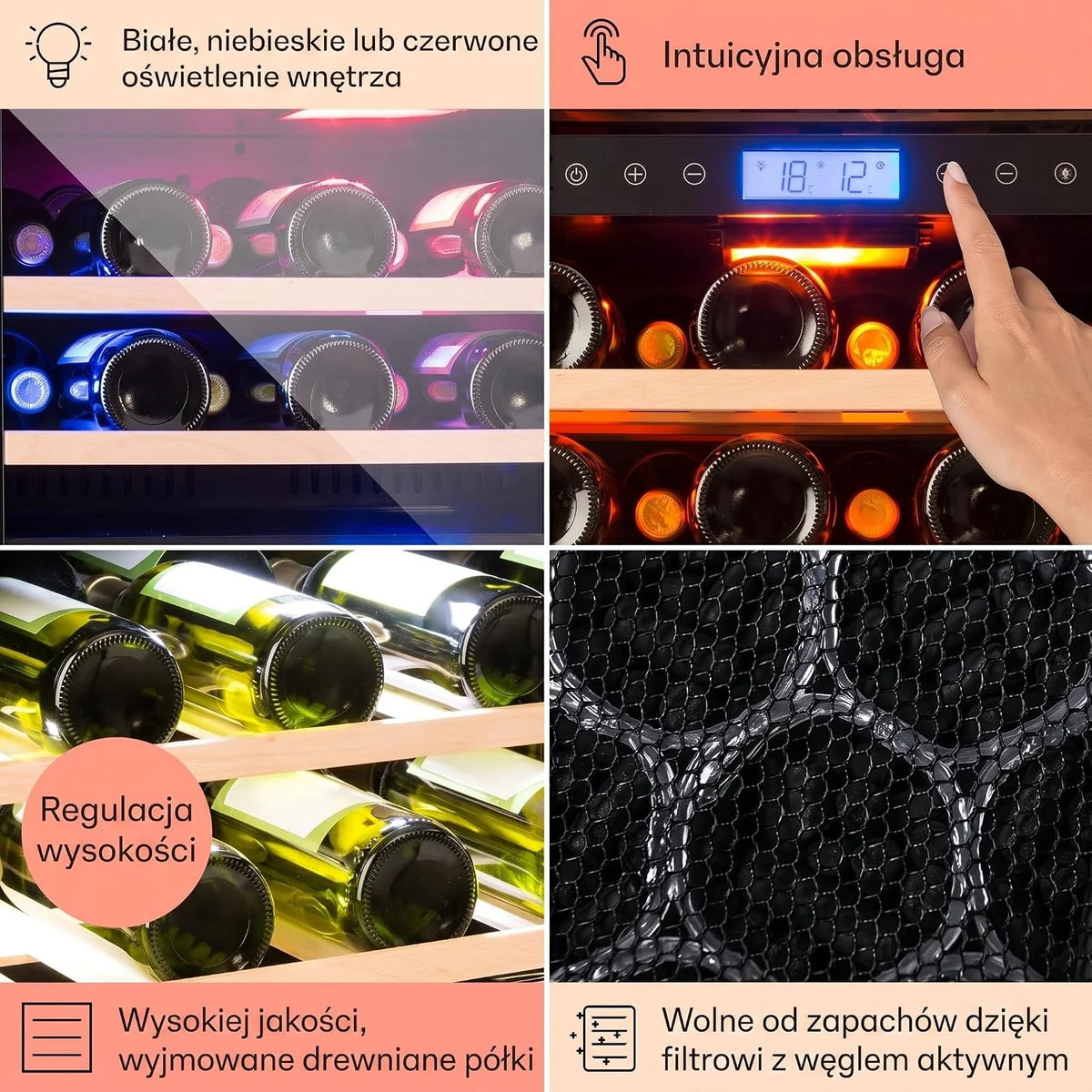 Klarstein Vinovilla chłodziarka do wina do zabudowy, dwustrefowa winiarka ze szklanymi drzwiami, 129 l, 4 wyjmowane drewniane półki, oświetlenie LED w 3 kolorach, cichy silnik 44 dB, 43 butelki