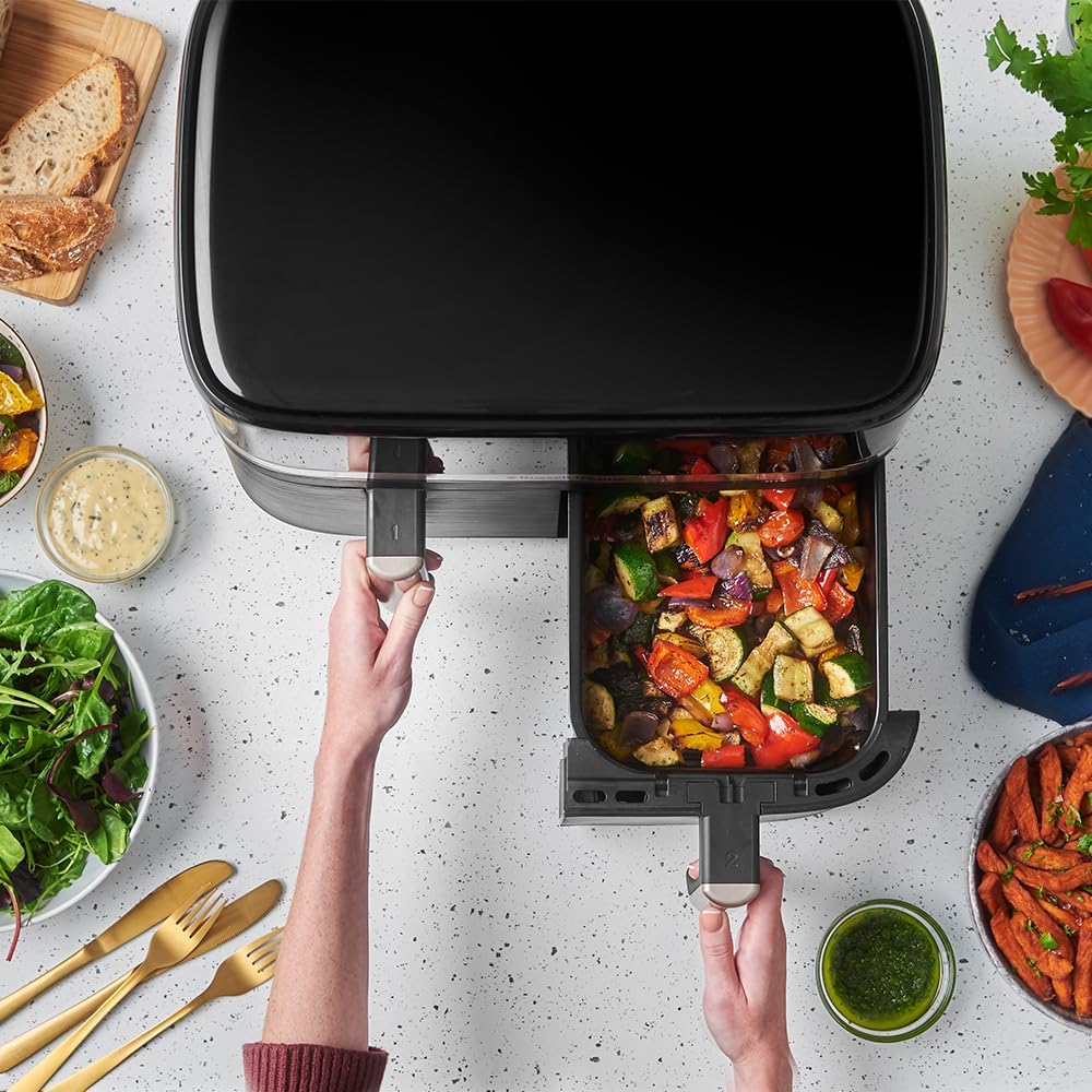 Russell Hobbs Frytkownica beztłuszczowa 9L Air Fryer [dwie komory/strefy, 9 programów] Satisfry (szuflady można myć w zmywarce, maks. 200℃, niski poziom hałasu, pieczenie bez oleju, 2800W) 27681-56