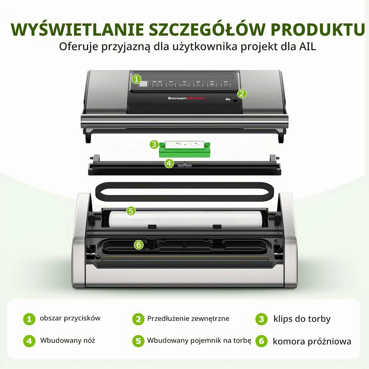 Bonsenkitchen Urządzenie próżniowe do żywności, zasysanie 15 l/min