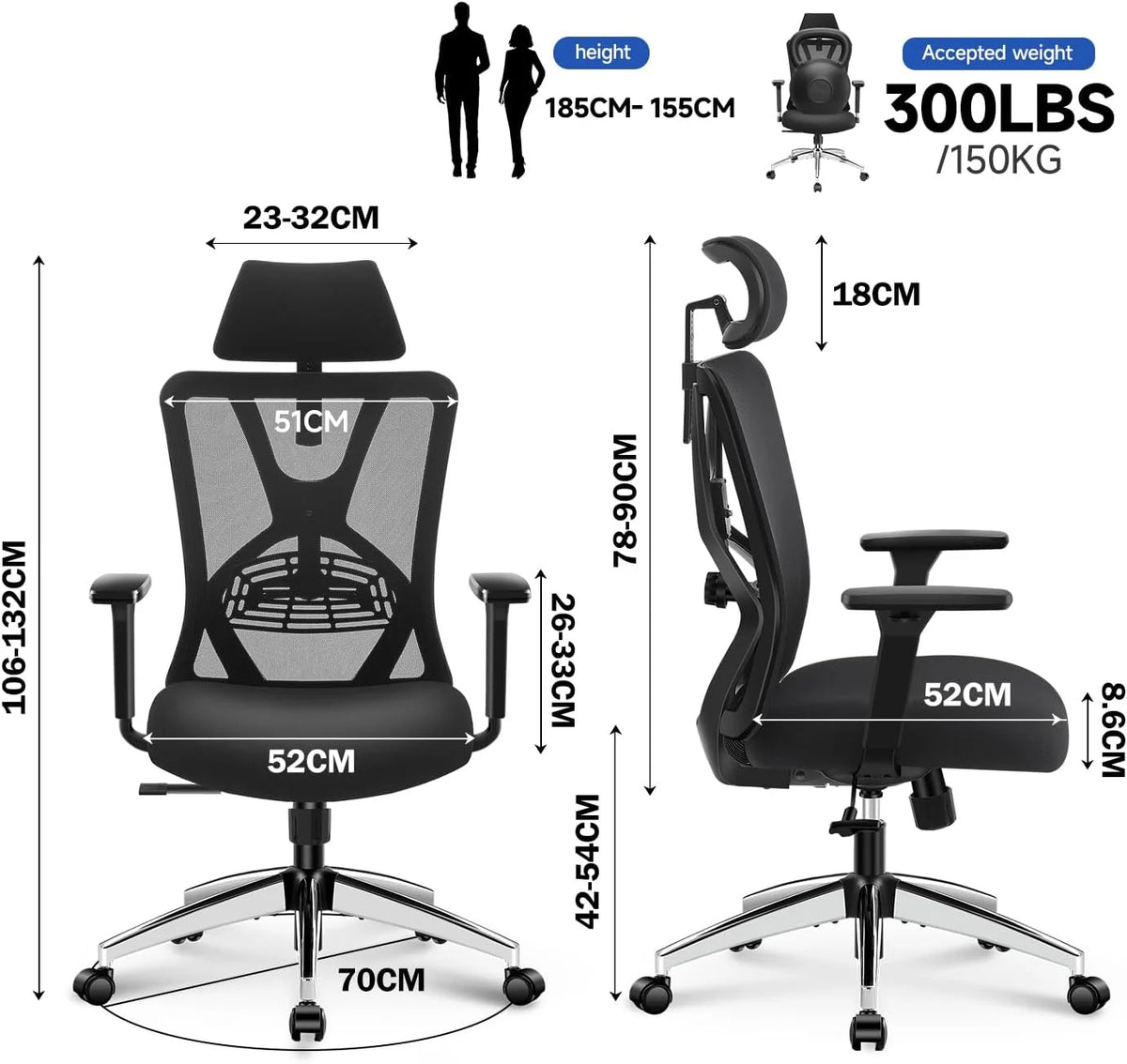 Ergonomiczne krzesło biurowe Ticova - krzesło biurowe z wysokim oparciem i regulowanym podparciem odcinka lędźwiowego, zagłówkiem i podłokietnikiem 3D