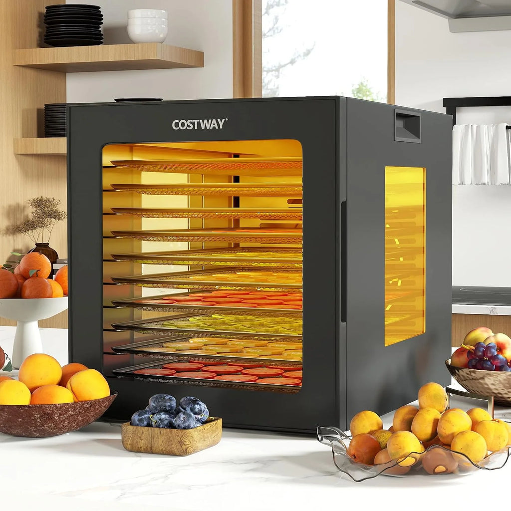 COSTWAY 850 W suszarka do żywności z 10 stalowymi miseczkami, suszarka z 10 wstępnie ustawionymi programami, 48-godzinnym timerem i temperaturą 30-75 °C, suszarka do żywności do owoców, warzyw, mięsa