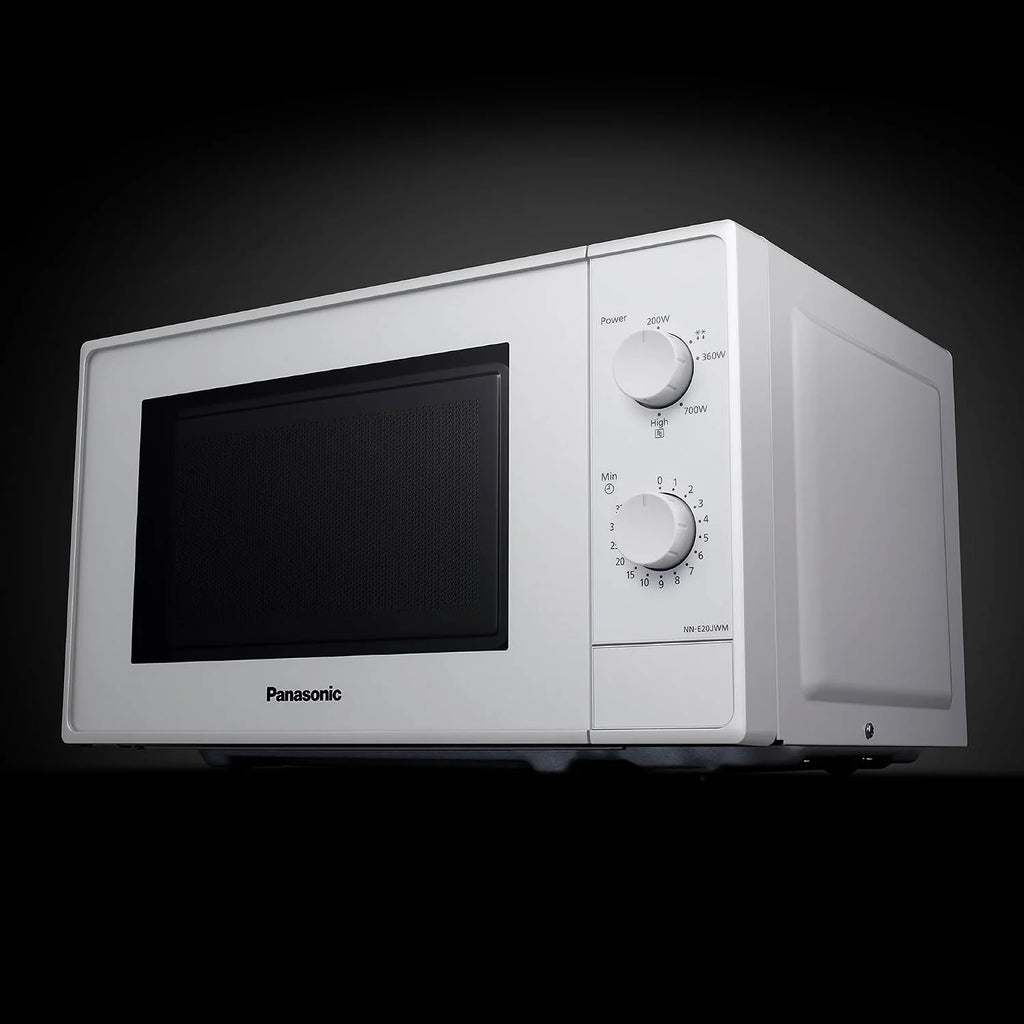 Panasonic NN-E20JWMEBG Kuchenka mikrofalowa ze szklanym talerzem obrotowym, 20 L, 800 W, ustawienie rozmrażania, 5 poziomów mocy, timer, biała