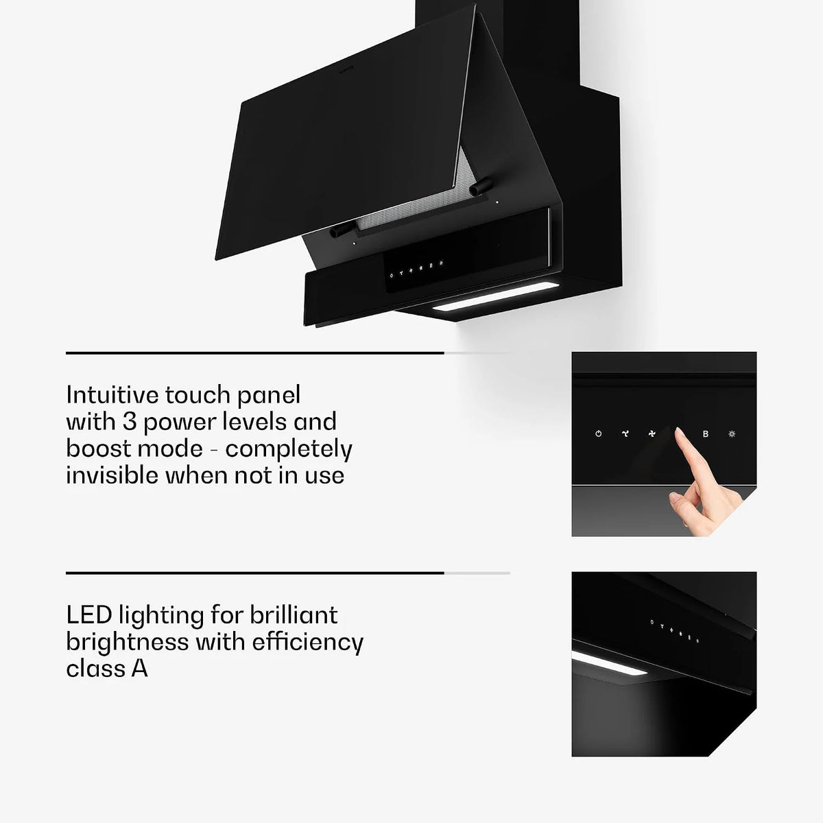 Klarstein Velaire okap kuchenny 60 cm, zwiększenie efektywności energetycznej 820 m³/h, klasa energetyczna A++, obsługa dotykowa, LED, cichy, filtr aluminiowy i z węglem aktywnym, czarny