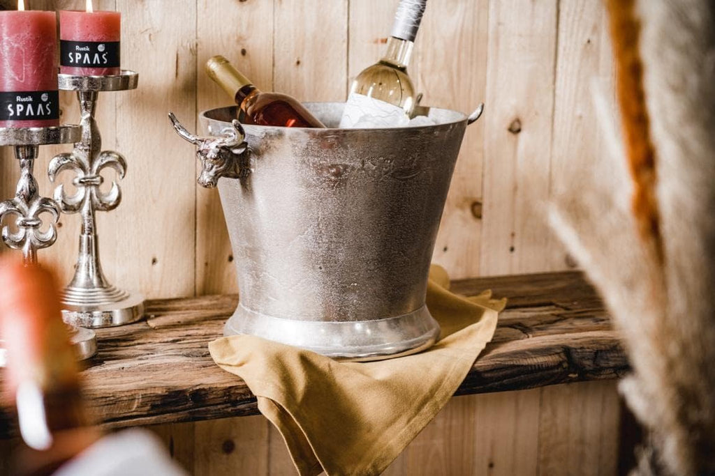 MichaelNoll Chłodziarka do szampana, głowa byka, chłodziarka do wina, butelek, szampana, aluminiowa chłodziarka do napojów, kolor srebrny – chłodziarka do szampana, wina i szampana – XL 39 cm