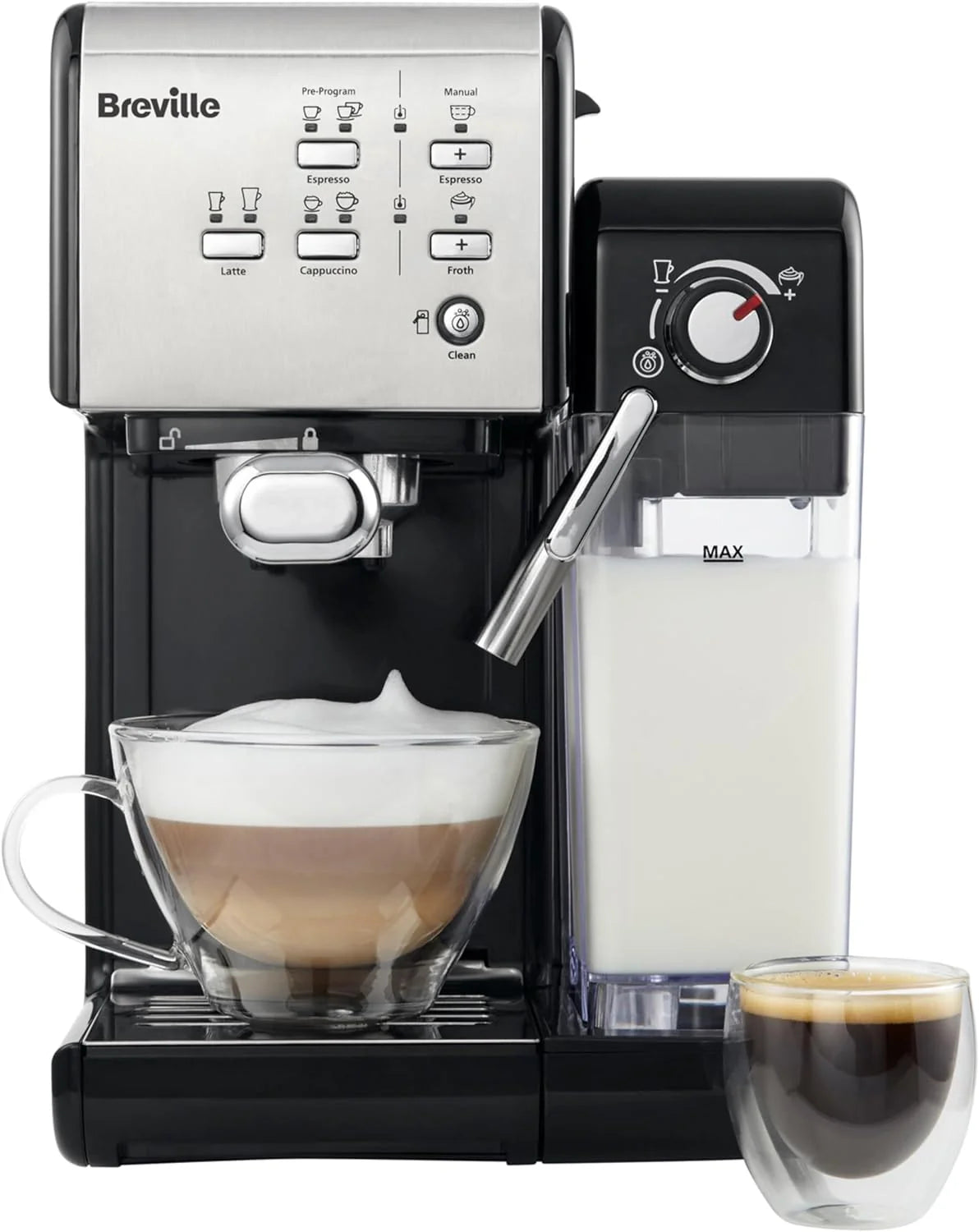 Breville Ekspres do kawy Kolbowy PrimaLatte II VCF108X, 19 Bar, Zintegrowany automatyczny spieniacz do mleka, wyjmowany pojemnik na mleko, Srebrny