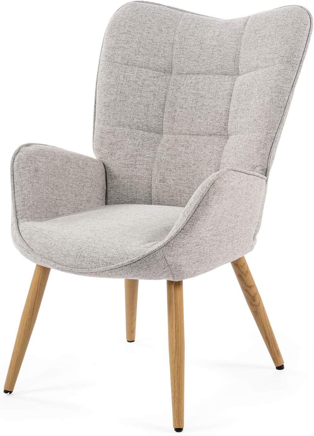 MEUBLE COSY Fotel do salonu krzesło akcentujące z wysokim oparciem skrzydła i wyściełanymi podłokietnikami, drewniane nogi, pojedyncza sofa do czytania sypialni, tkanina, szary