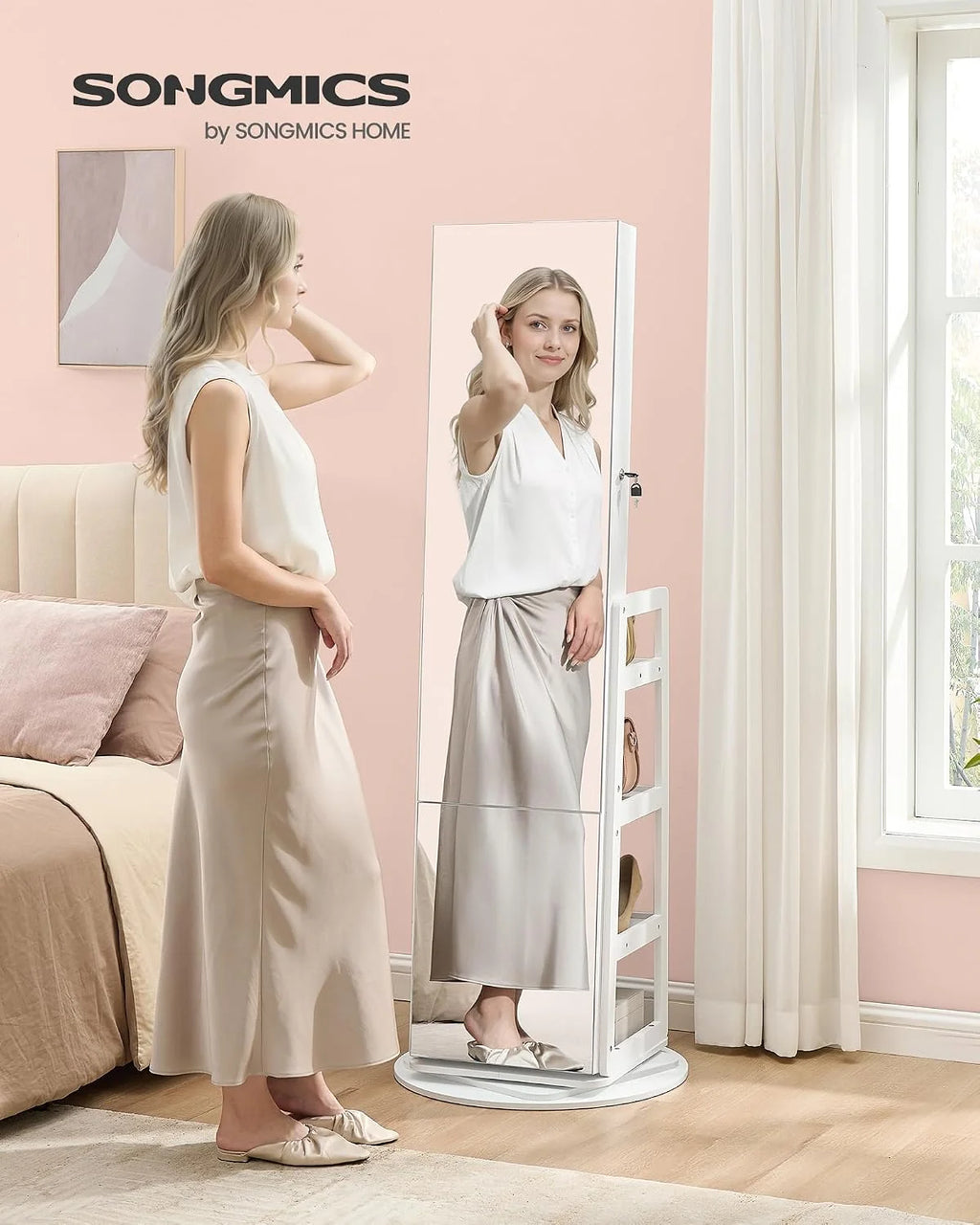 SONGMICS Szafka na biżuterię z długim lustrem, LED, obrotowa o 360°